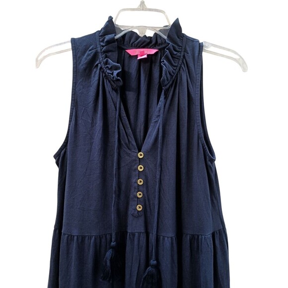 Lilly Pulitzer Malone Maxi Dress Small Navy Blue Tiered Skirt Tassel Resort Wear - Picture 5 of 8